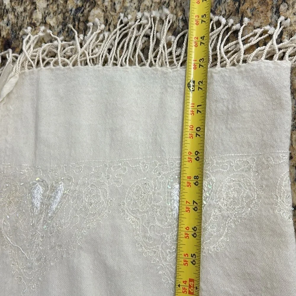 Frangi Tie Rack Wool Cream Color Christmas Tree Embroidered Beaded Scarf